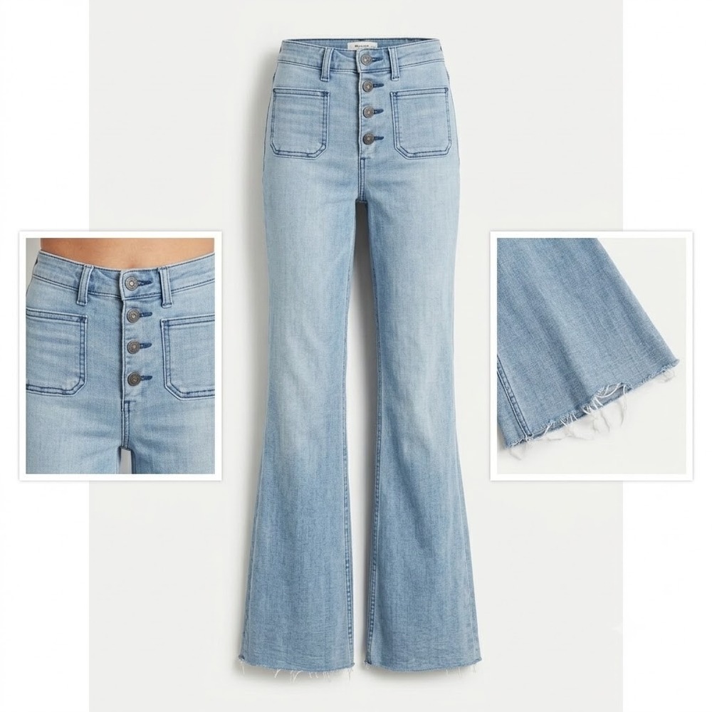 Abercrombie Fitch Flare Jeans Womens 26 High Rise Patch Pocket Button Fly Blue